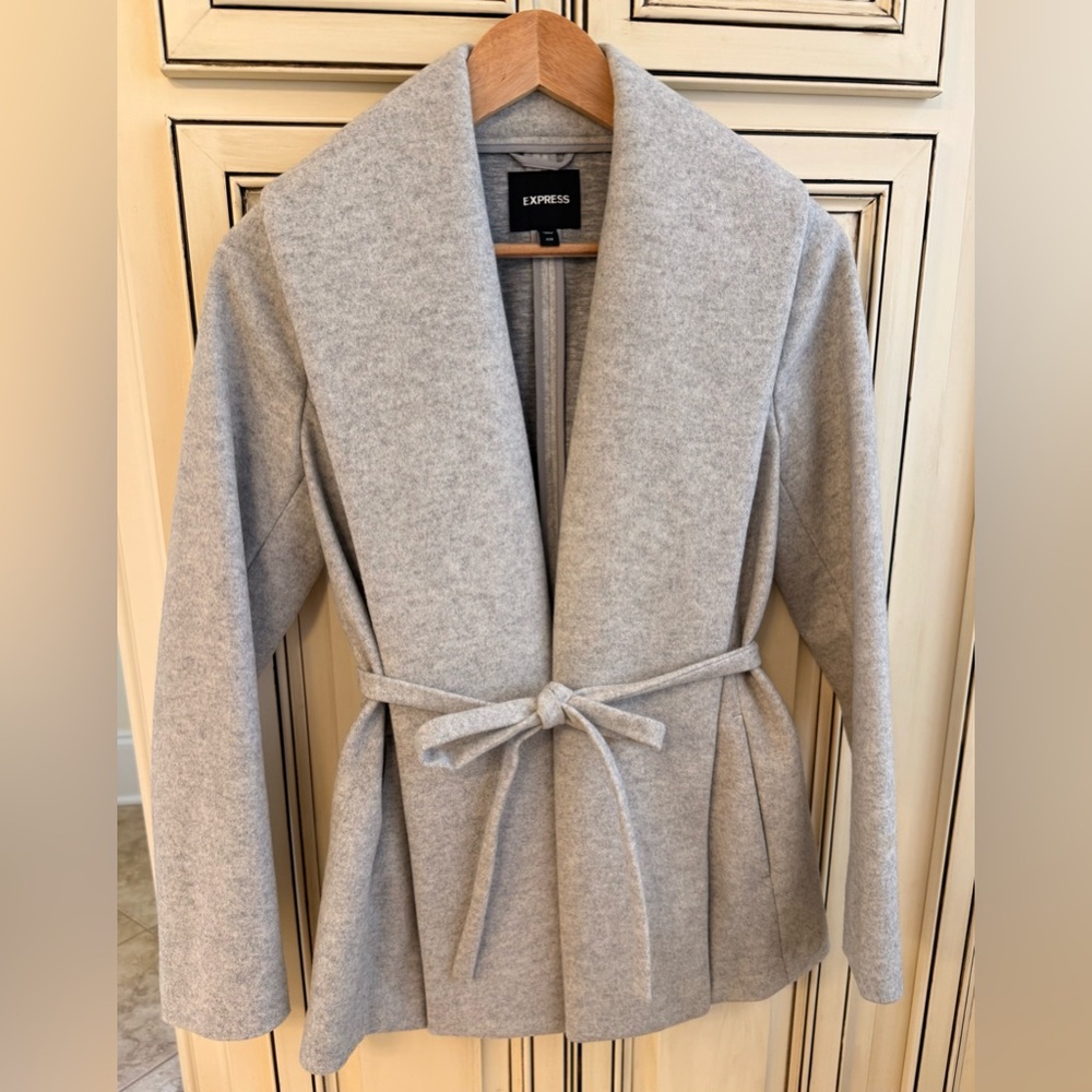 Express Gray Wool-Blend Coat with Belt